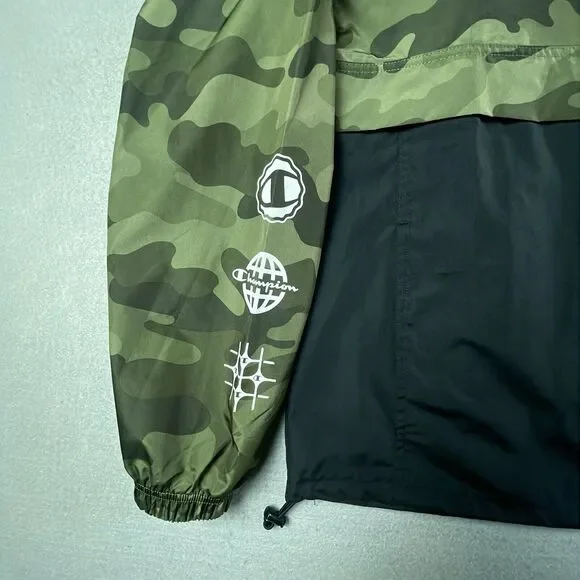 Champion Windbreaker Jacket Mens Small Black Green Camo Pocket Hooded Shell Zip - Picture 4 of 11